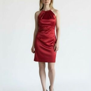 Eliza J Red Satin Ruched Cocktail Dress 8 Formal Knee Length Halter Evening Wear